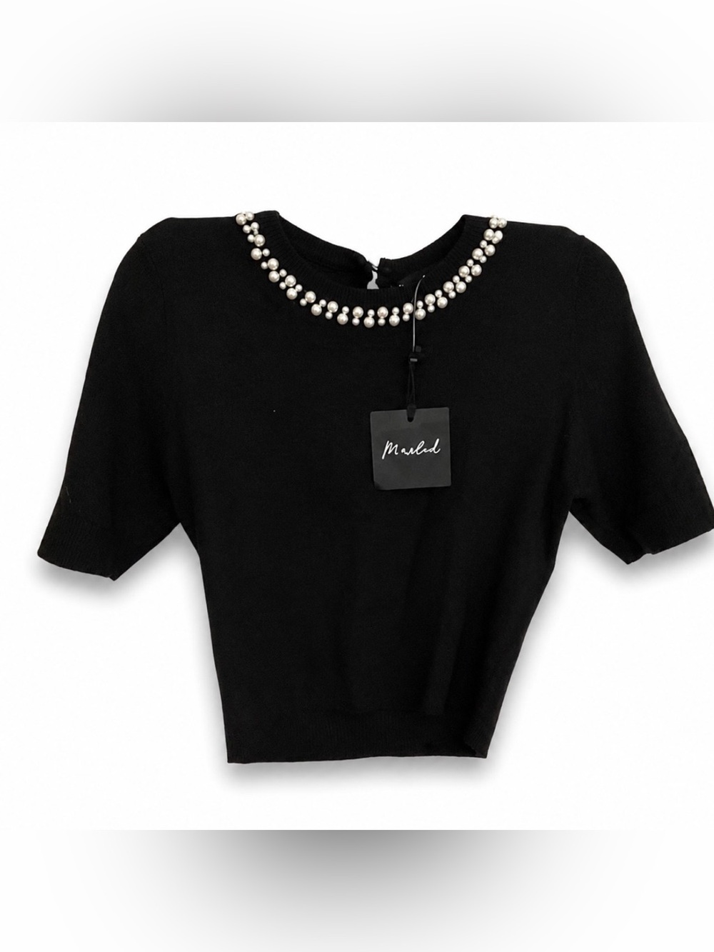 NWT Black Pearled Trim Cropped Knit Top Women’s Size S